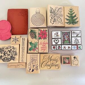 Rubber Stamp Wood Mount Lot Merry Christmas Winter Holiday Holly Santa Tree Snow